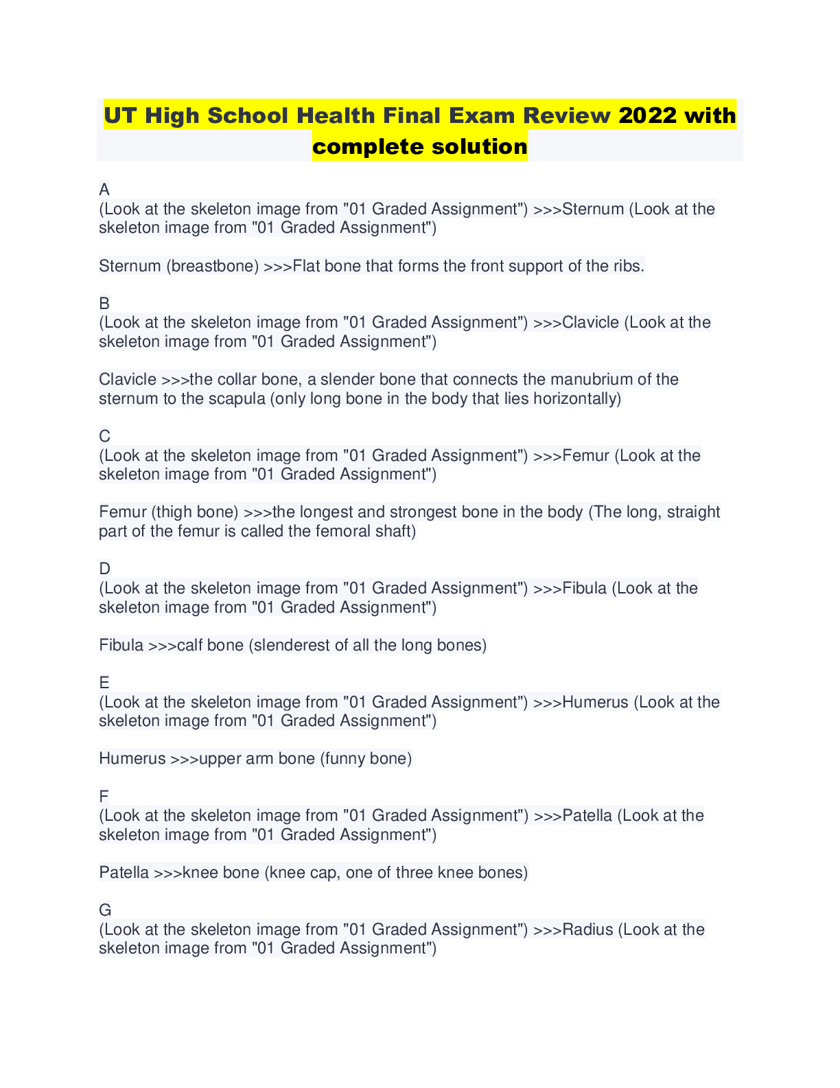 Preview image for UT High School Health Final Exam Review 2022 with complete solution